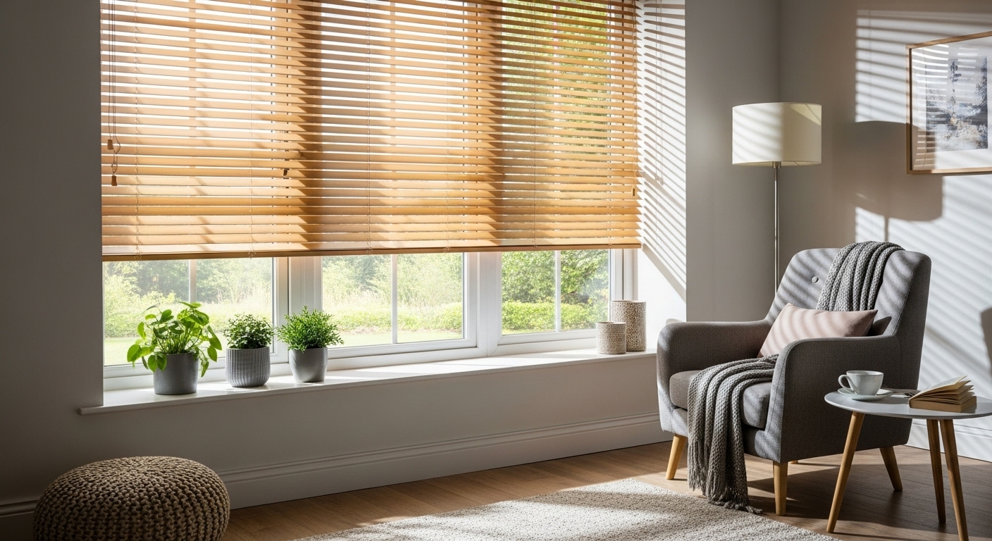 A living room with wide window installed with blinds